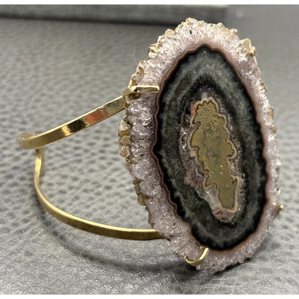 HUGE Large Sliced Multicolor Geode Slice Gold Tone Cuff Bracelet 7"